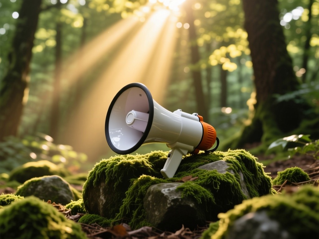 Megaphone resting on moss-covered stones in a sun-dappled forest, golden light beams breaking through canopy, symbolizing amplified reach, natural green and brown palette, no people.