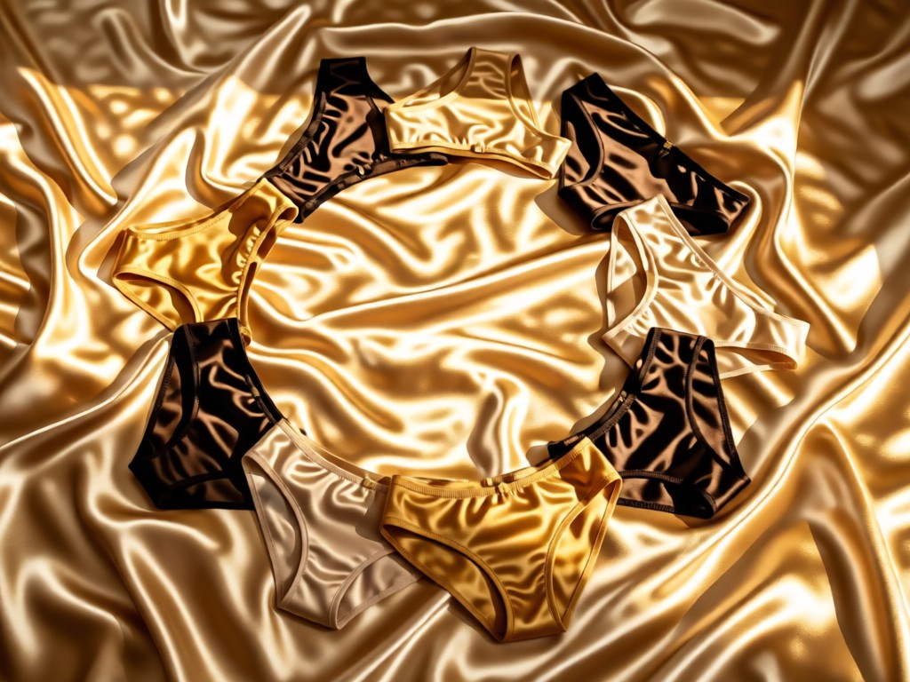 Aerial view of luxury panties arranged in a circular pattern on satin sheets. Golden sunlight creates soft shadows and highlights fabric textures. Symbolizes cohesion and presentation focus. No people.