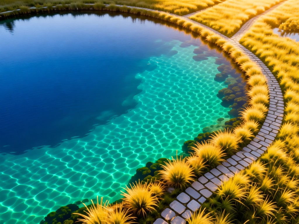 An aerial view of a natural swimming pond transitioning from deep blue to turquoise. Stone pathways curve through native grasses along the edge. Symbolizes clarity and seamless integration. Golden hour. No people.