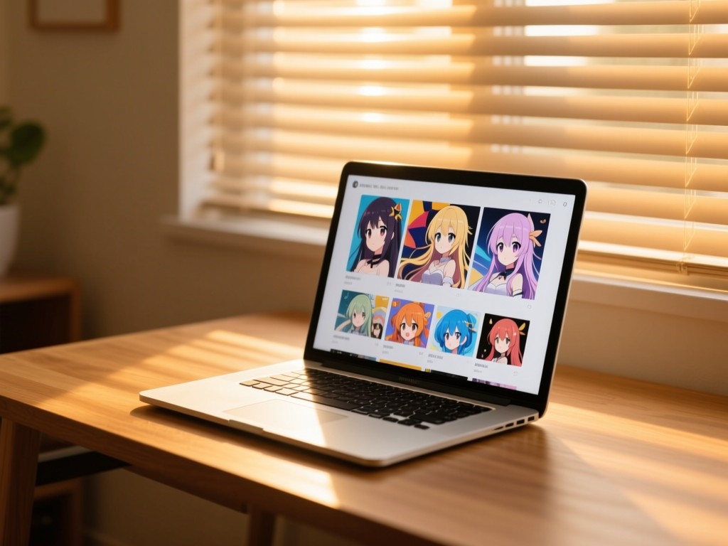 A sleek laptop on a wooden desk during golden hour, screen showing a vibrant anime artwork gallery, soft sunlight streaming through window blinds, minimalist setup, warm tones, no people.