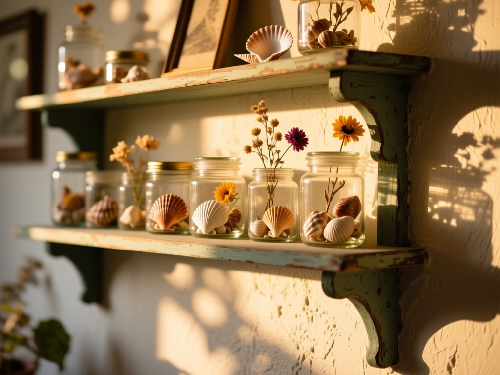 Vintage wall shelf displaying curated memory jars filled with seashells and dried flowers during golden hour, soft shadows on textured wall, natural bokeh effect.