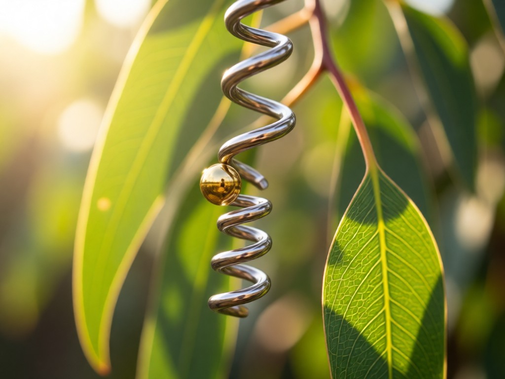 Single perfect helix piercing with gold stud against sunlit eucalyptus leaves. Shallow depth of field. Symbolizes precision and natural aesthetics. No people.