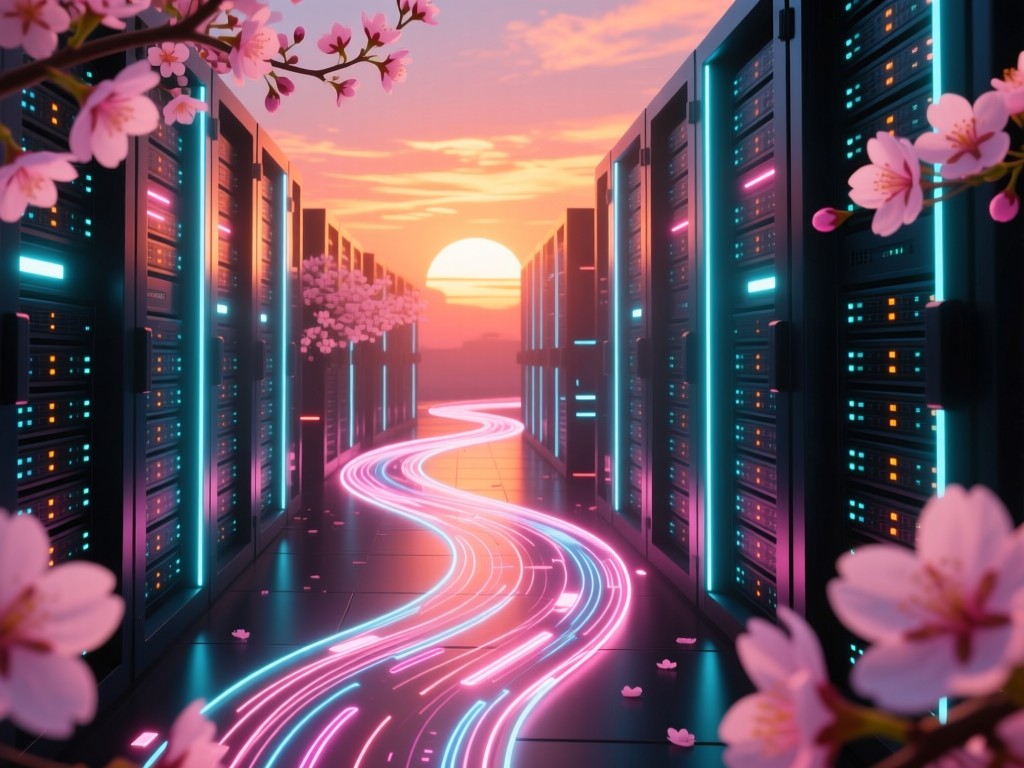 A winding digital path through neon-lit server racks at sunset, data streams forming cherry blossoms, warm cyberpunk ambiance, volumetric lighting, no human elements.