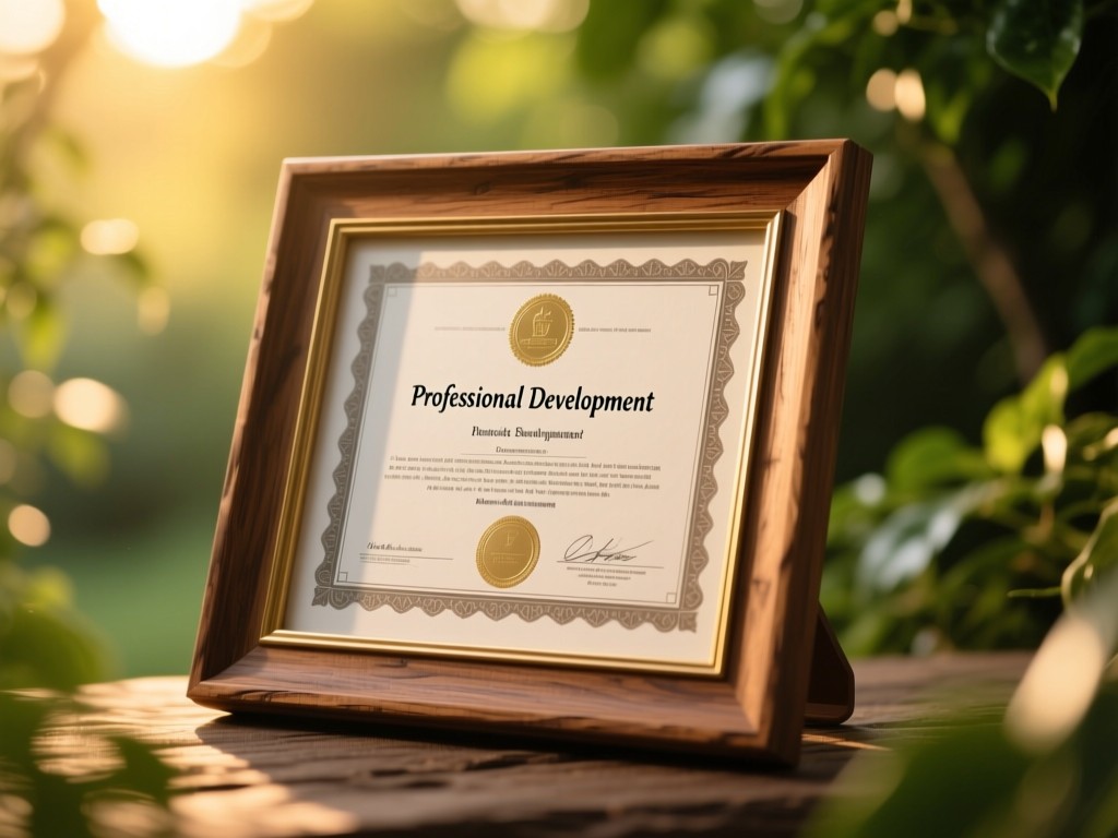 Professional development certificate elegantly framed on rustic wood. Soft focus greenery in background under golden hour glow. Achievement-focused. No people.