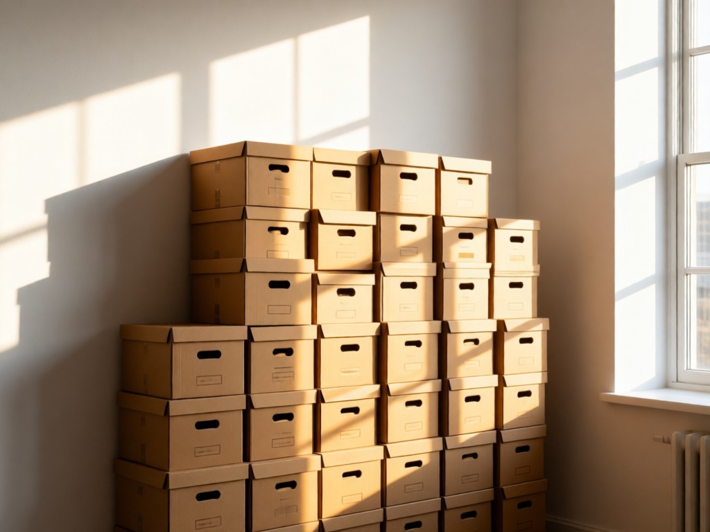 A neatly stacked tower of archival boxes against a white wall. Golden hour light streams through nearby windows, casting soft diagonal shadows. Clean and organized aesthetic. No people.
