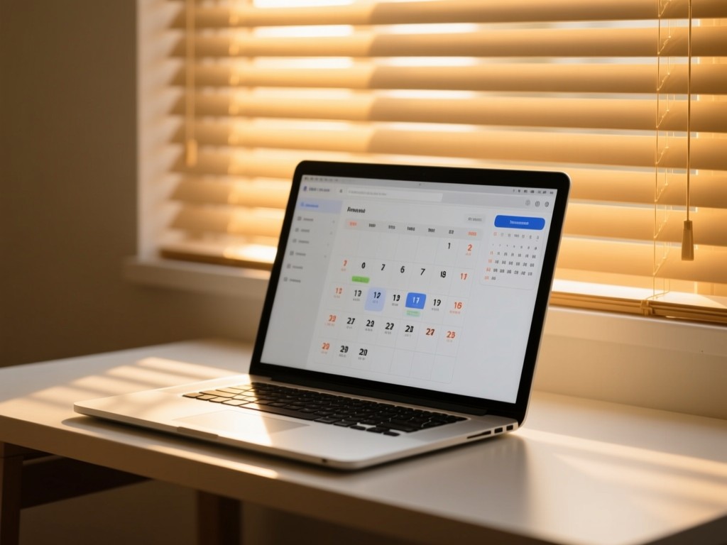 A minimalist desk setup with an open laptop showing a calendar interface, golden hour light streaming through blinds, focused on the screen's glow, no visible text.