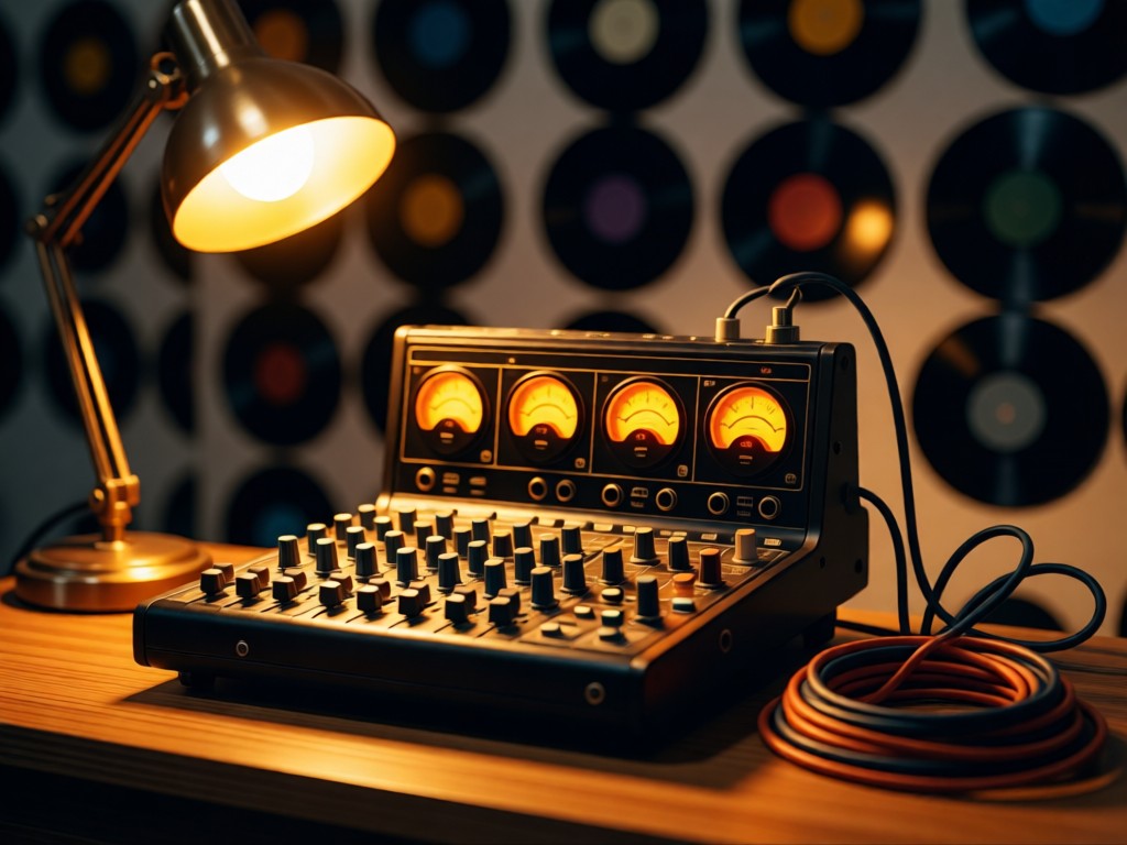 Vintage studio mixer with glowing VU meters. Warm desk lamp illumination, cables artistically coiled beside it. Blurred vinyl wall background. No people.