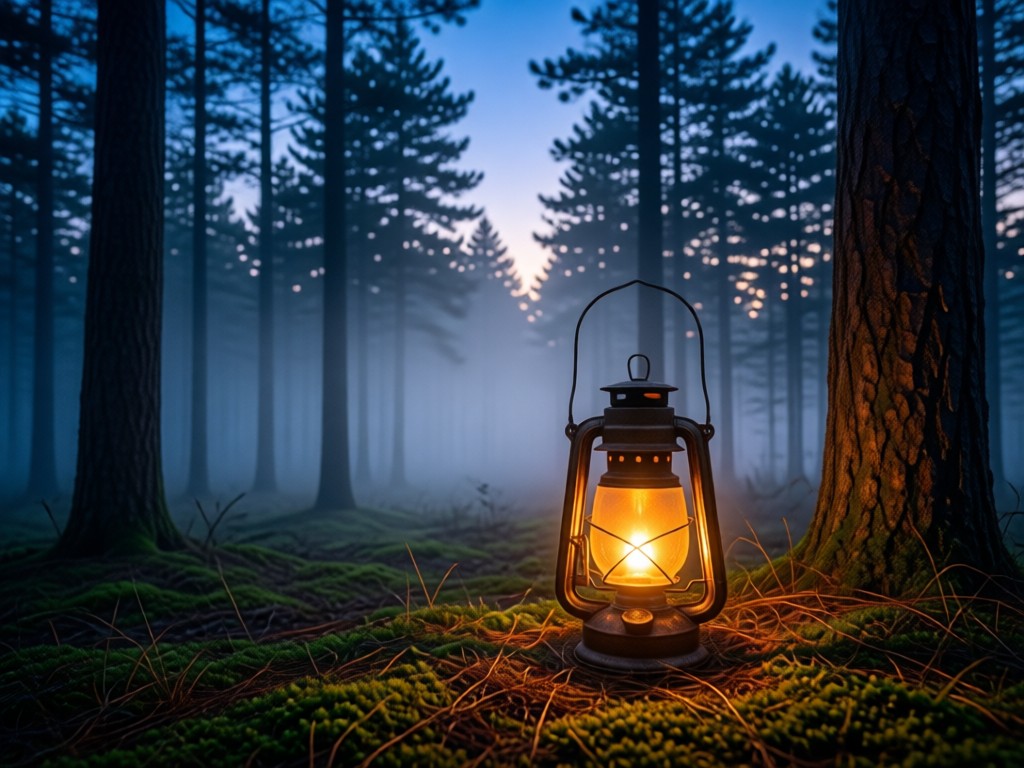 A single vintage lantern glowing warmly in a twilight forest clearing. Mist rises between pine trees. The lantern is the sole light source, symbolizing focused visibility. No people.