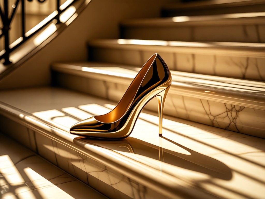 A single champagne prom shoe on a marble staircase bathed in golden light. Sun rays create long elegant shadows. Symbolizes stepping up your brand presentation. No people.