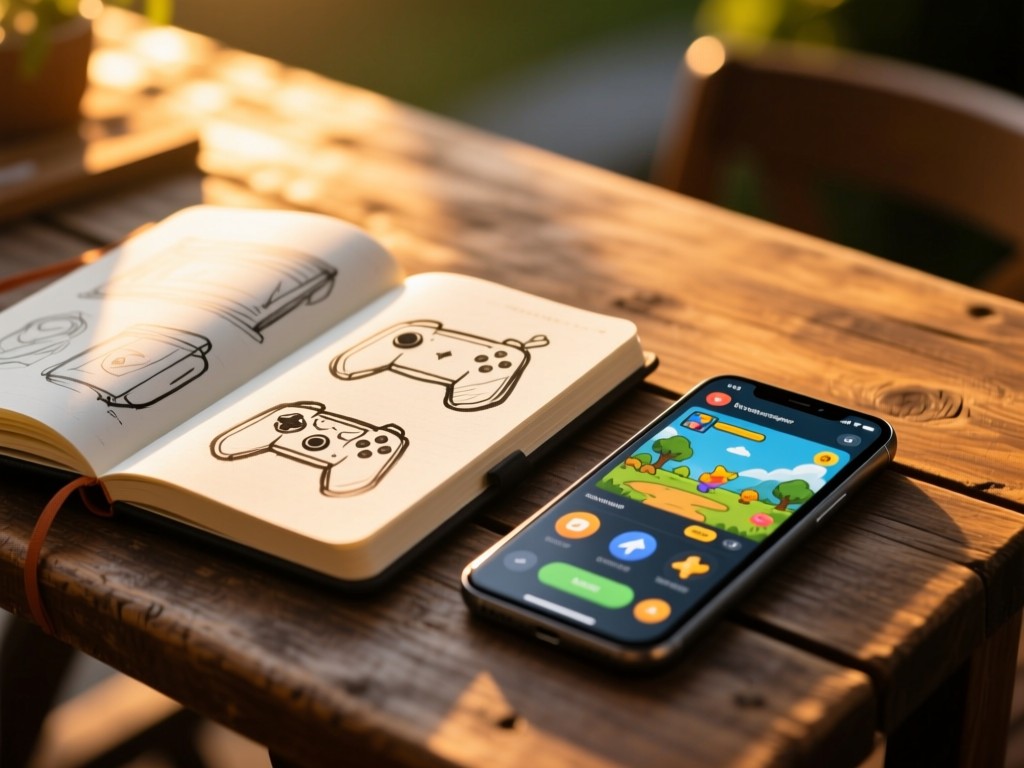 An open developer notebook with stylized sketches next to a mobile phone showing game UI, on a rustic wooden table during golden hour, shallow depth of field, warm creative atmosphere.