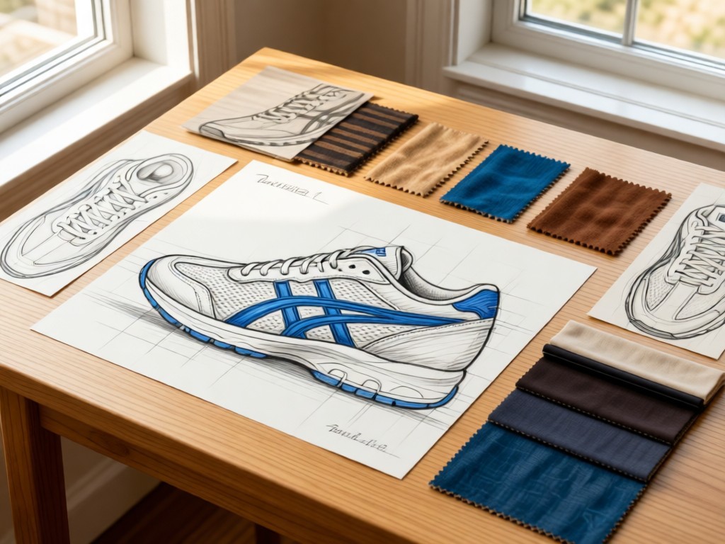 Flat lay of sneaker design sketches and fabric swatches on a light oak desk. Soft window light illuminates pencil textures and material samples. Earthy tones with pops of Onitsuka blue. No people.