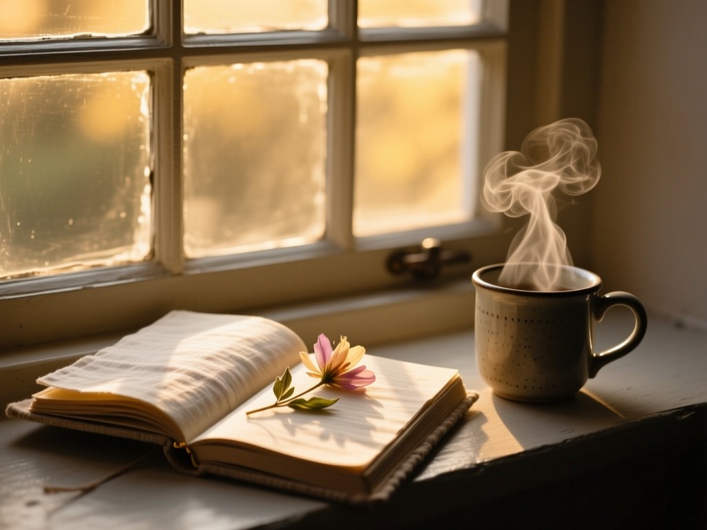 An open linen journal with a pressed flower on a windowsill during golden hour, soft shadows cast by mullioned panes, steam rising from a nearby ceramic mug, shallow depth, no text.