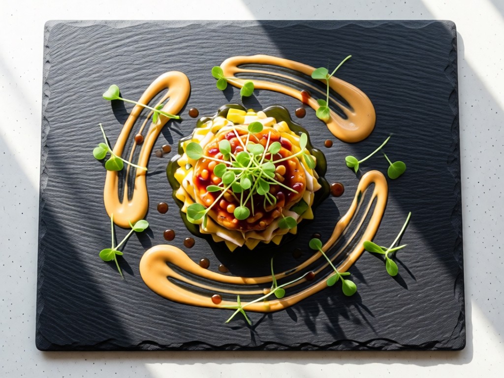 An overhead shot of an elegantly plated gourmet dish on a slate board. Garnished with microgreens, drizzled sauce creates artistic patterns. Soft natural light enhances textures. Clean composition. No people.