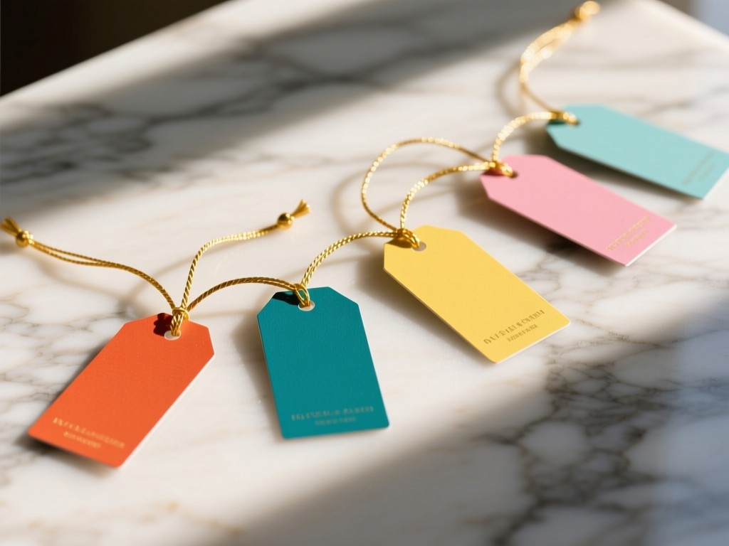 A flat-lay of colorful product tags connected by thin gold threads on a marble surface. Morning light creates delicate shadows. No people.