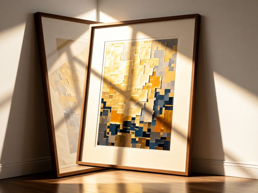 A framed fine-art photograph leaning against a gallery wall. Sunlight highlights the texture of the paper and frame. Empty space emphasizes the artwork. No human subjects.