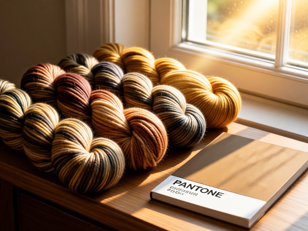 An arrangement of hand-dyed wool skeins in earthy tones beside a Pantone color swatch book. Sunlight streams through a nearby window, creating warm highlights. No people.