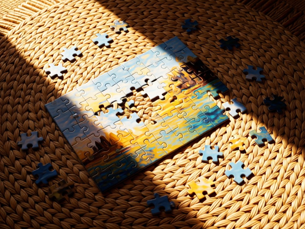 An overhead shot of a partially completed jigsaw puzzle on a woven rug. Sunlight highlights the connected pieces while loose ones scatter organically into warm shadows. Symbolizes cohesion. No people.