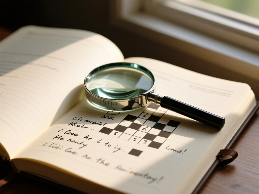 An open notebook showing handwritten crossword clues. A magnifying glass rests atop the page. Natural light from a nearby window illuminates the texture of paper.