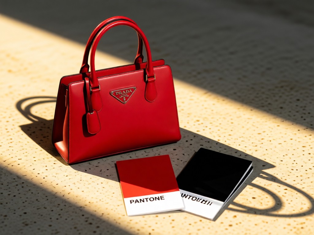 A Prada Re-Edition bag beside Pantone color swatches in bold red and black. Warm sunlight creates long shadows on a concrete surface. Textured background with shallow depth of field. No people.