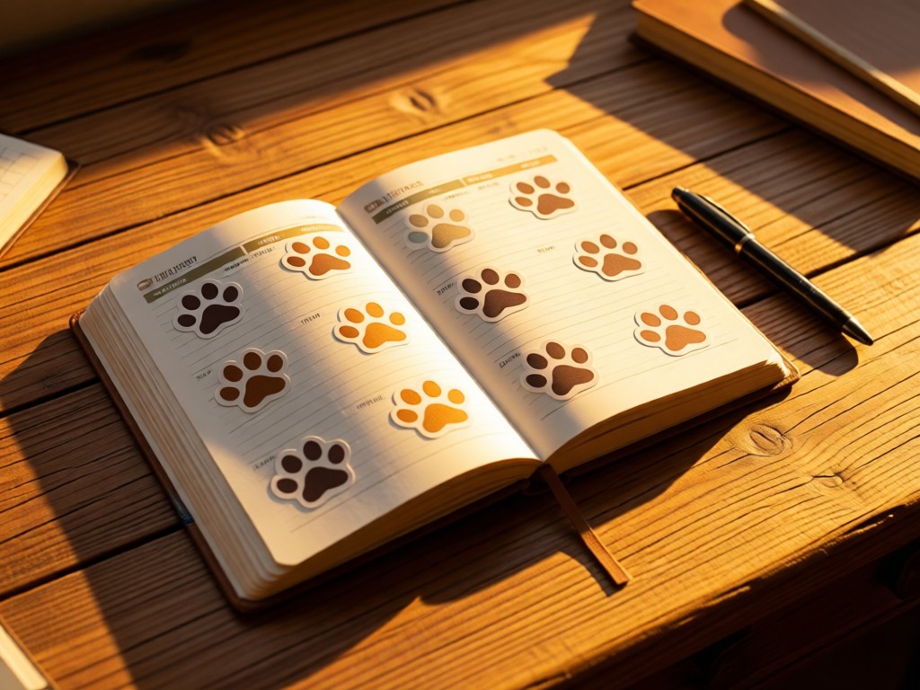 An open planner with paw-print stickers marking appointments. A pen rests beside it on a rustic wooden desk. Golden hour light creates warm shadows. Organized and inviting. No people.