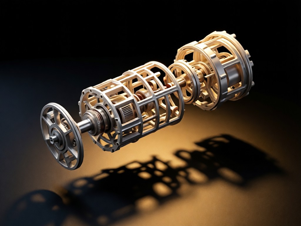 An exploded-view diagram of a 3D-printed mechanical assembly floating above a matte black surface. Warm backlight creates dramatic shadows emphasizing depth and complexity. No people.