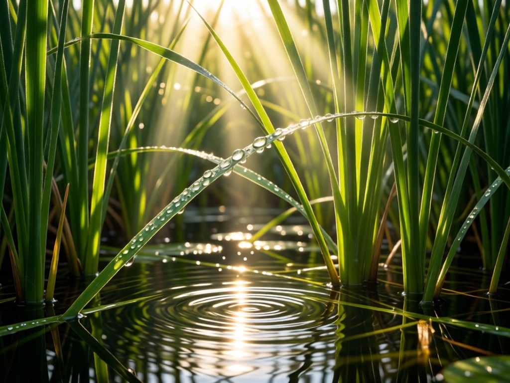 Sunlight filtering through pond reeds creating natural spotlight effect. Water droplets glisten on blades of grass. Symbolic of being discovered. No people.