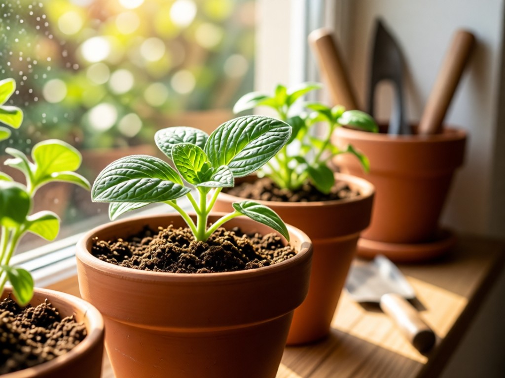 Close-up of clay pots with thriving herbs on a sunlit windowsill. Focus on textured leaves and soil. Soft bokeh background shows gardening tools. Warm natural lighting.