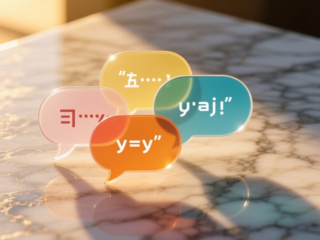 Overlapping transparent speech bubbles in different colors on a marble surface during golden hour, each containing unique language characters, soft shadows, minimalist composition, no text visible.