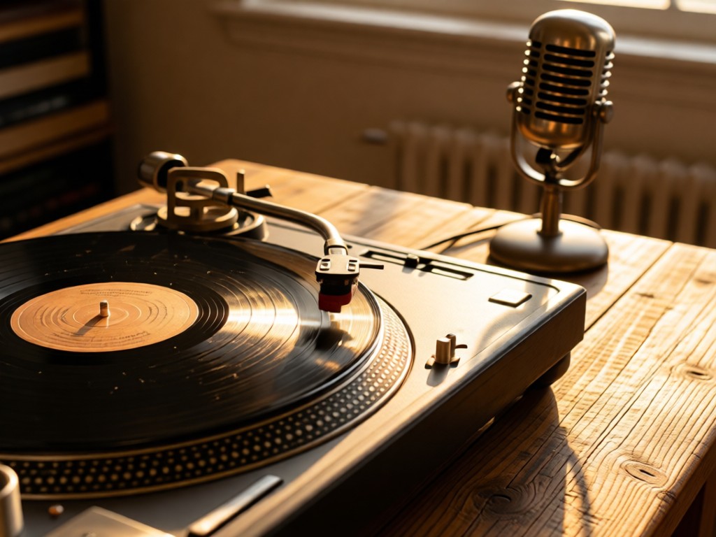 Close-up of a turntable playing a rustic vinyl record on a reclaimed wood table. Sunlight highlights the grooves. A vintage microphone stands nearby in soft focus. Golden hour warmth. No people.