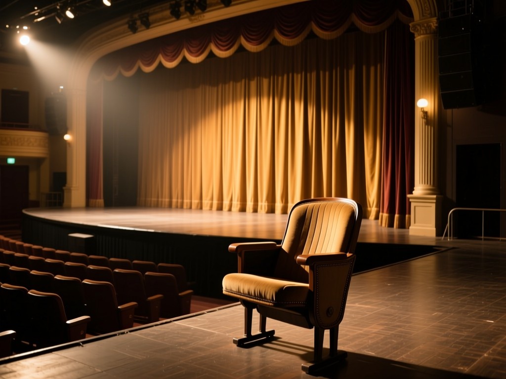 A vintage theater seat spotlighted on an empty stage during golden hour, warm light filtering through velvet curtains, shallow depth of field, dramatic shadows, no people.