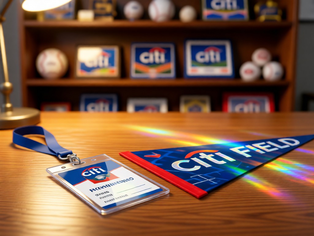 A press badge mockup beside a Citi Field pennant on a wooden desk. Warm light catches holographic elements. Blurred baseball memorabilia shelf behind. No people.
