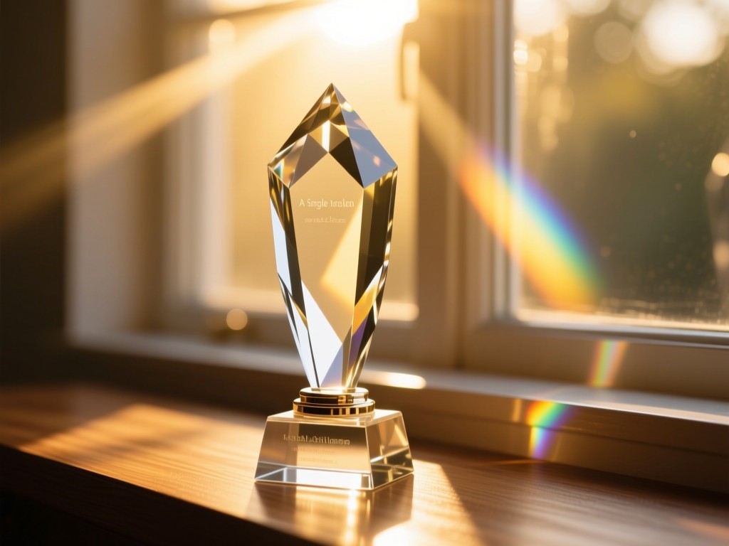 A single crystal award trophy on a sunlit windowsill, golden hour rays creating prism reflections on a wooden surface, soft focus background, high-key lighting, no text.