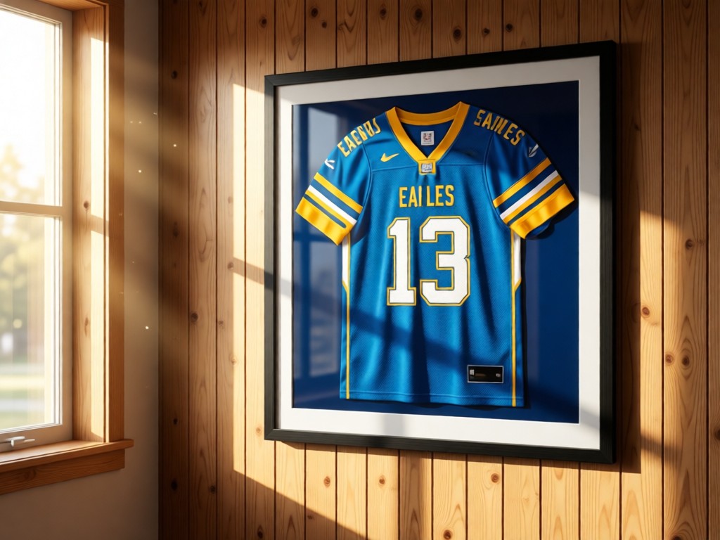 An Eagles jersey framed on a wood-paneled wall. Morning light streams through nearby window, casting soft shadows. Team colors pop against neutral background. No people.