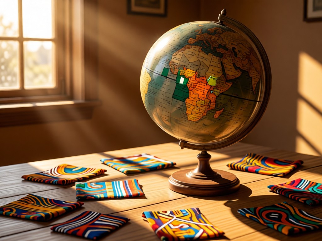 A vintage globe with Nigeria highlighted, surrounded by scattered fabric swatches. Warm sunlight from a window creates long shadows. Earth tones with pops of Ankara colors. No people.
