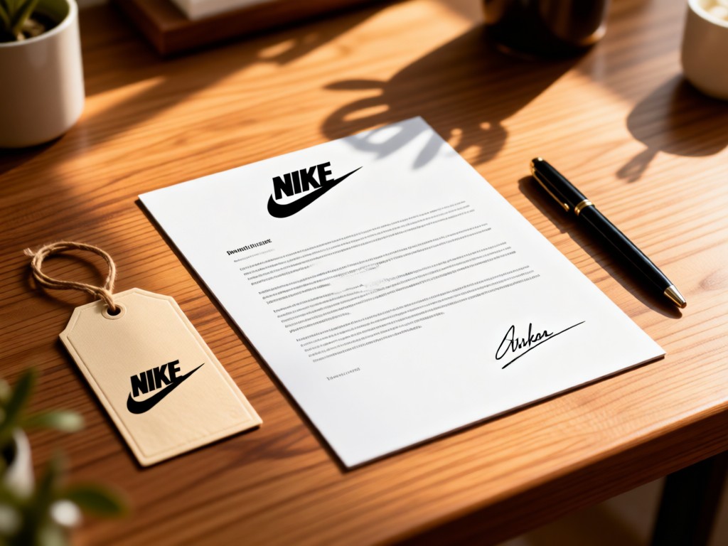 A curated arrangement: Nike contract page, branded merchandise tag, and signature pen. Sunlit wooden desk with shallow depth of field. Warm tones. No people.