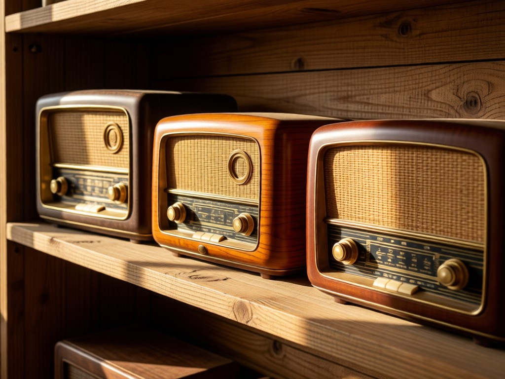 Three vintage radios arranged diagonally on a rustic wooden shelf. Afternoon sun highlights brass details and wood grain. Soft shadows create depth. No people.