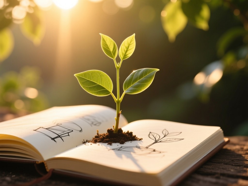 A growing sapling emerging from a sketchbook during golden hour, symbolizing creative growth, warm sunlight filtering through leaves, soft focus background, natural color tones.
