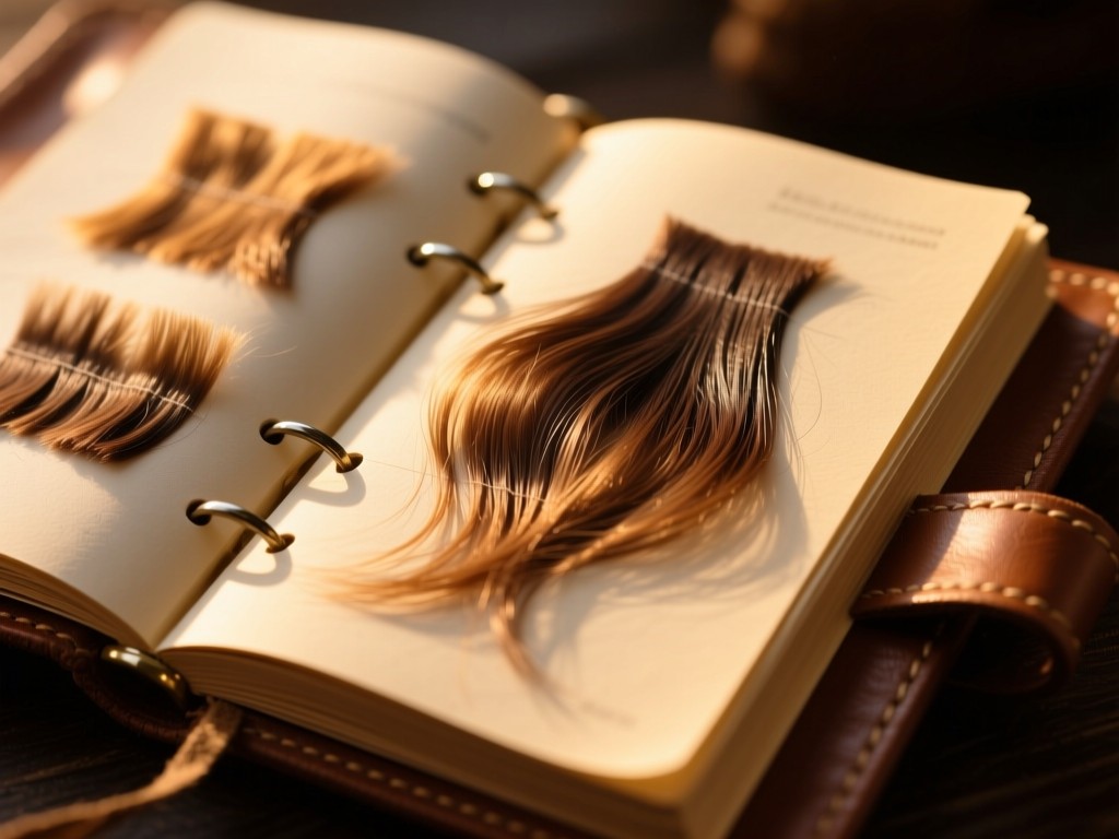 An open leather-bound journal with hair swatches pressed between pages, golden hour light illuminating textures, shallow focus, warm earthy tones, no text visible.