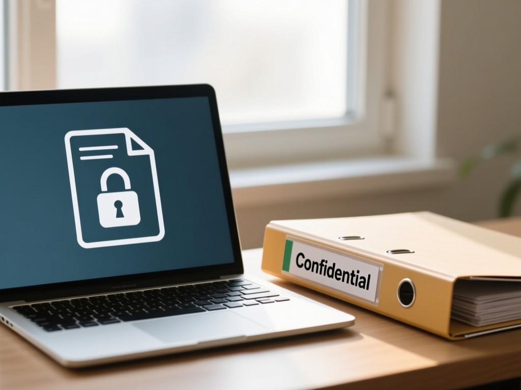 Open laptop showing a locked document icon. A physical folder with 'Confidential' tab sits beside it. Soft natural lighting from a window. No people.