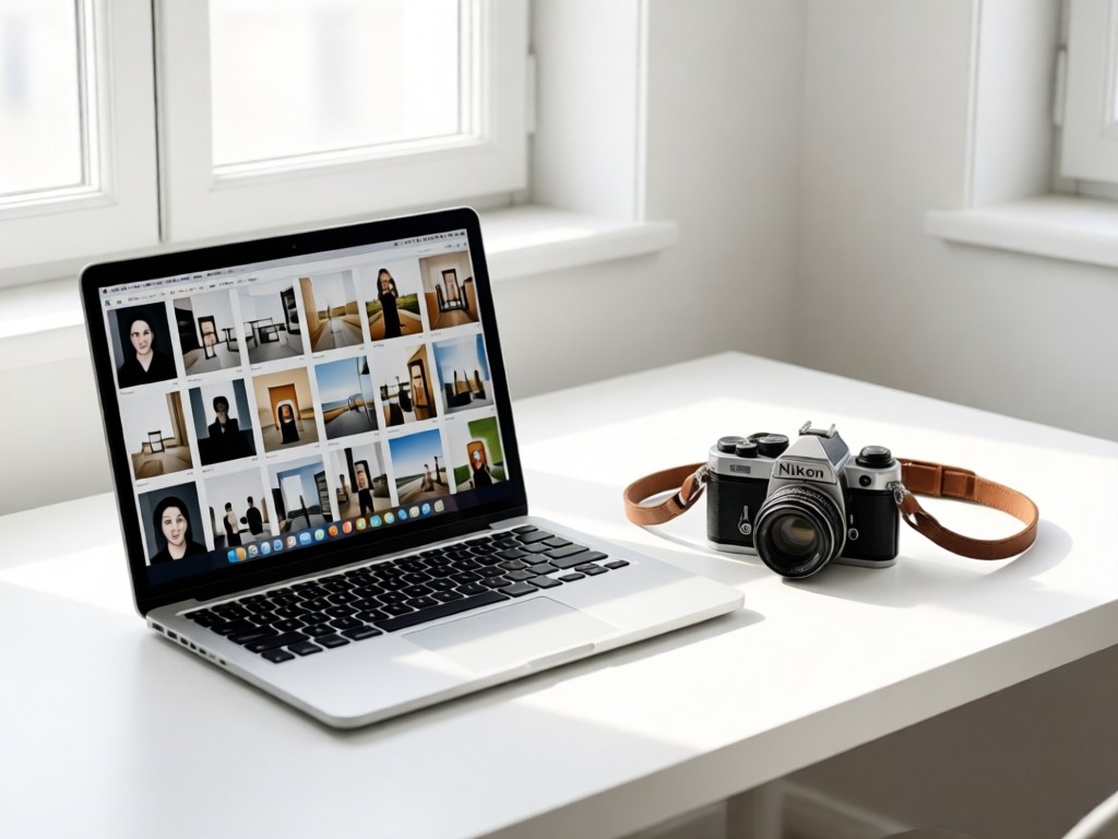 A minimalist white desk with an open laptop showing a clean photo grid. Beside it, a single vintage Nikon F camera with a leather strap, lit by soft window light. No people.
