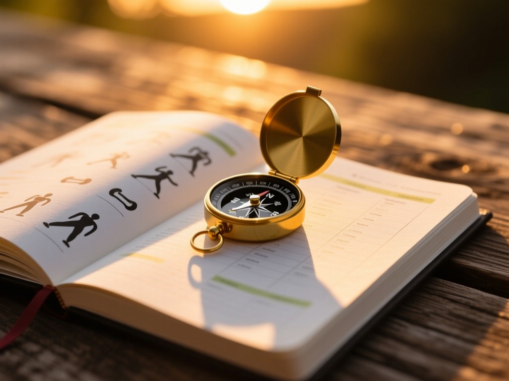 A compass resting on a fitness journal open to a workout plan page during sunset, golden light casting long shadows, shallow depth of field, natural wood texture background, warm tones, no text visible.