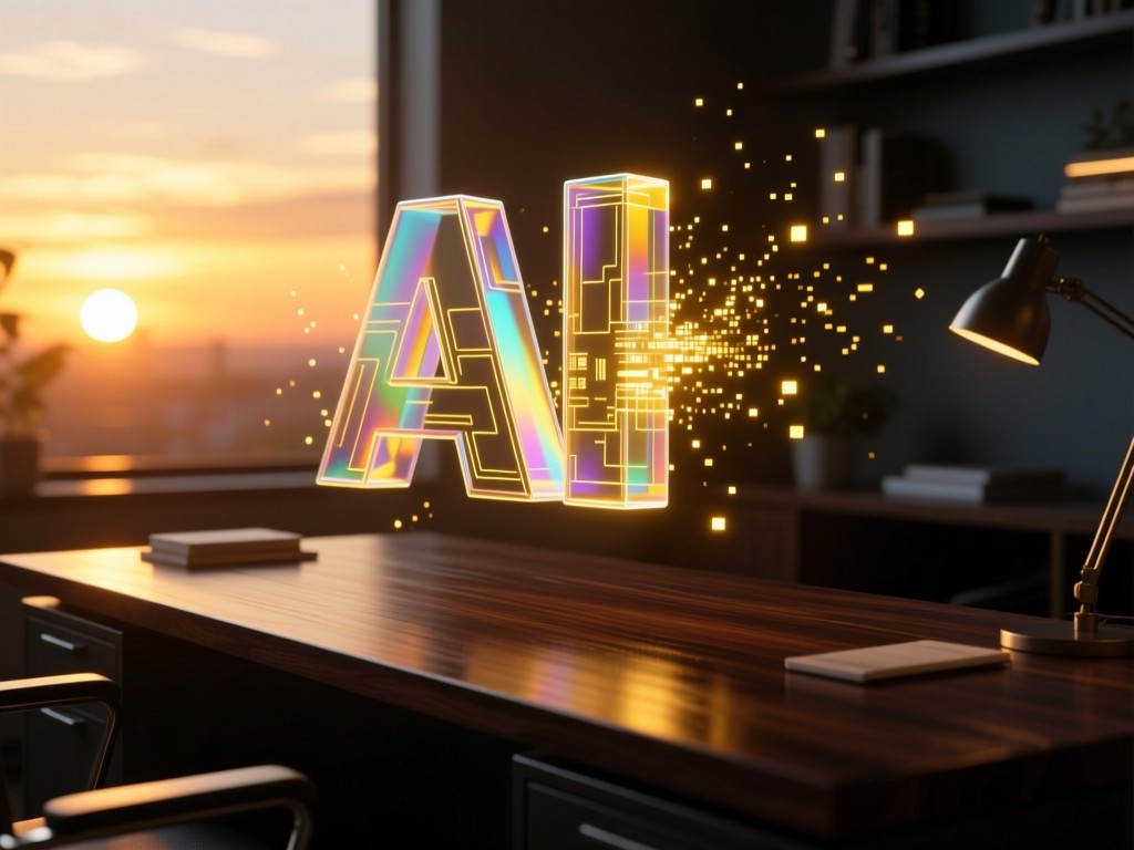 Holographic AI models floating above a dark wood desk during sunset, golden light catching digital particles, abstract tech aesthetic, shallow focus, no text visible.