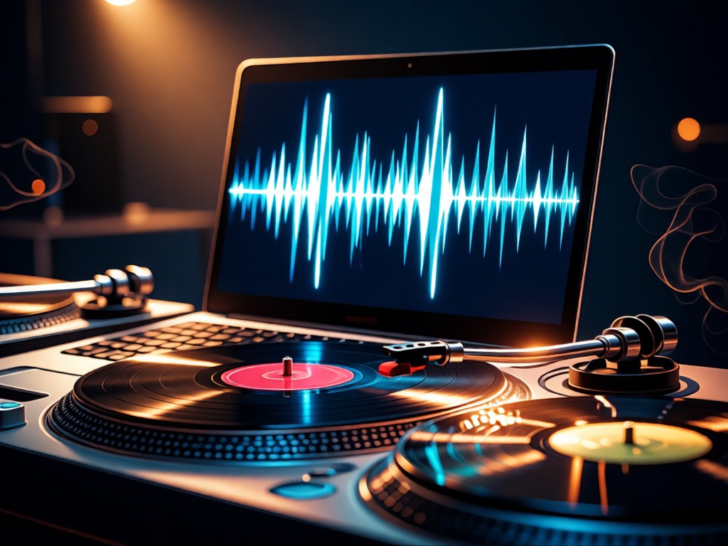 Close-up of turntables with glowing waveforms on a laptop screen. Warm stage lights create color flares on vinyl records. Dark background with subtle smoke effects. No people.
