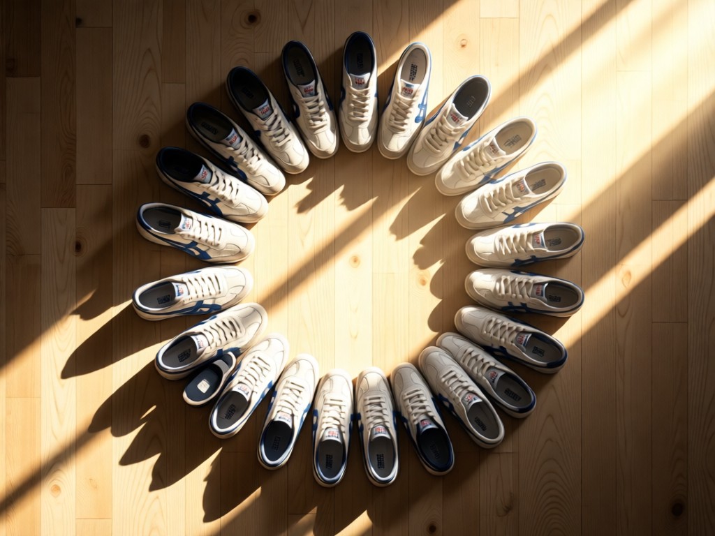 Aerial view of Onitsuka Tiger sneakers forming a circle on light wood grain. Sunlight streams diagonally, creating dramatic shadows and highlighting craftsmanship. Symbolizes unity and attention to detail. No people.