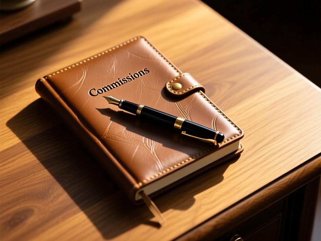A leather-bound notebook with 'Commissions' embossed on cover. Fountain pen casting long shadow on oak desk. Golden light highlights texture. No people.