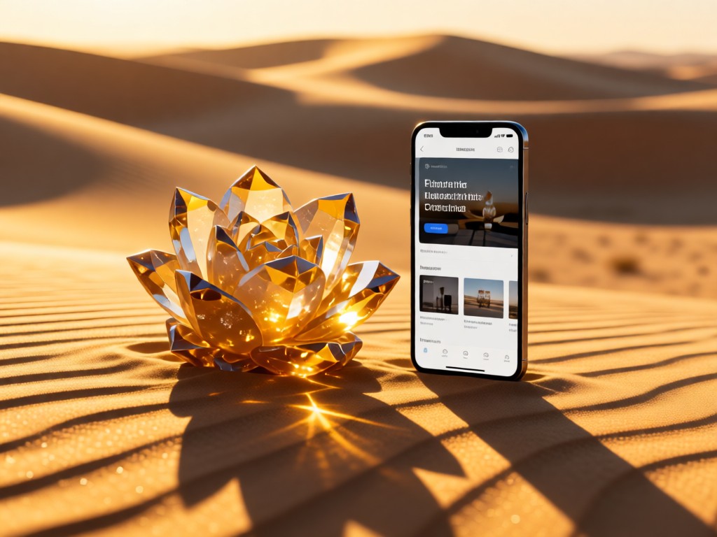 A desert rose crystal formation beside a modern smartphone displaying a portfolio site. Golden hour light casts elongated shadows on rippled sand. Abstract dunes in soft focus background. No people.