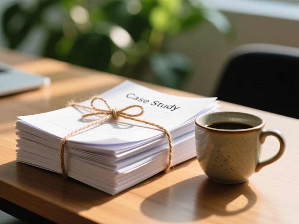 A clean stack of case study documents tied with twine beside a ceramic coffee cup. Soft sunlight illuminates the textured paper surfaces on a wooden desk. Blurred greenery in background. Warm, professional tone. No people.