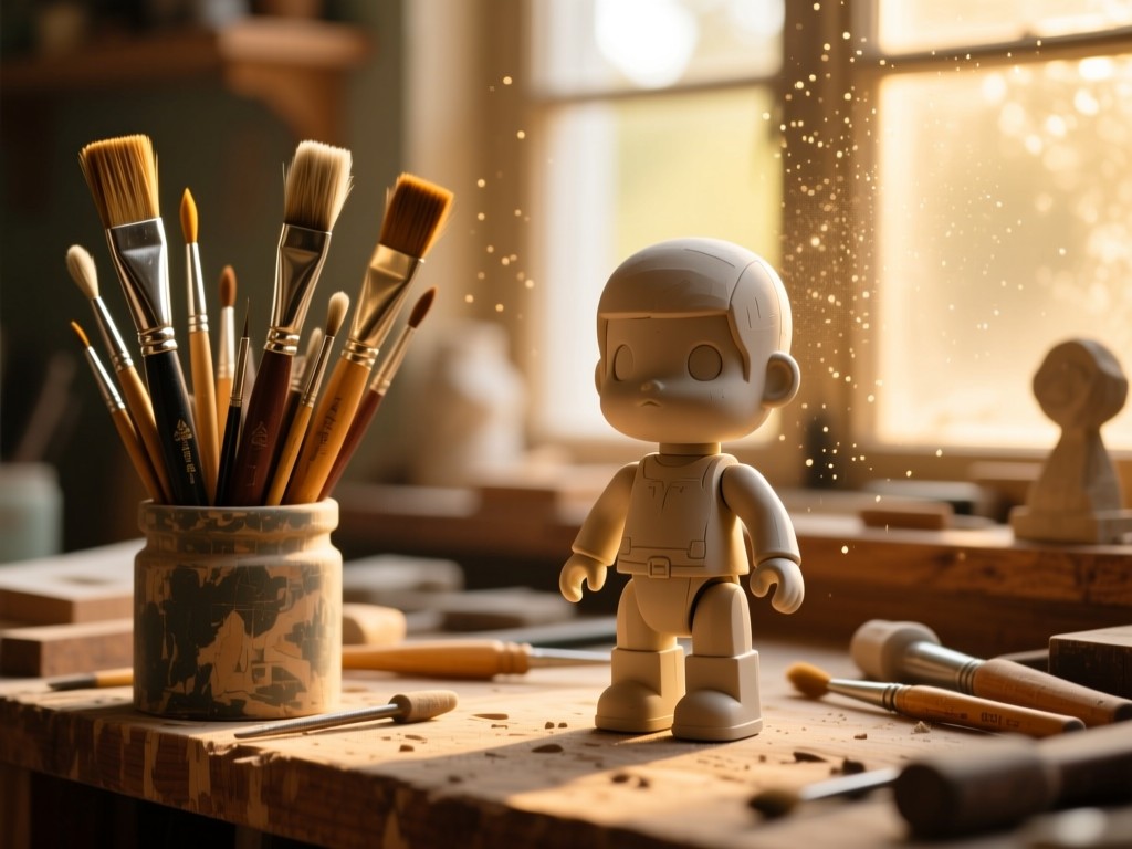 Vintage paintbrushes and sculpting tools beside an unfinished toy figure on a workbench, golden hour light streaming through a window, dust motes visible, warm wood tones, shallow focus.