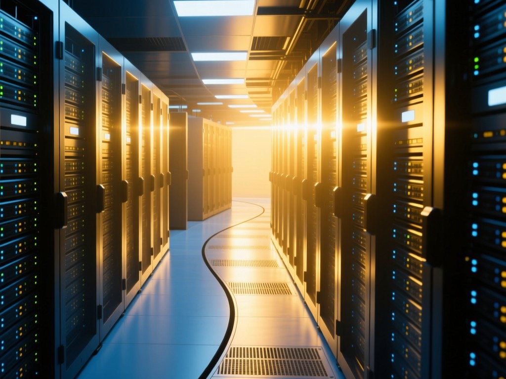 A winding path through sunlit data servers in a server farm, golden light streaming through racks, symbolic of discovery in technology, cool blues and warm golds, no human presence.