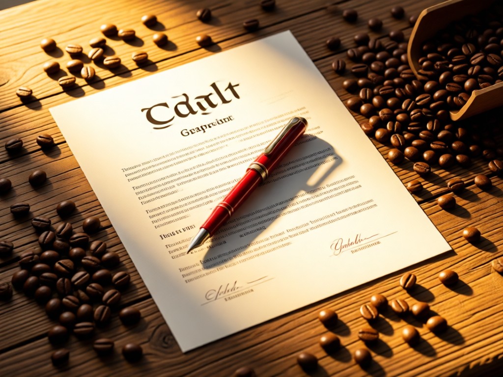 An aerial view of a single red fountain pen centered on a blank grant application. Surrounded by scattered coffee beans on a rustic table. Golden light emphasizes focus and clarity. No people.